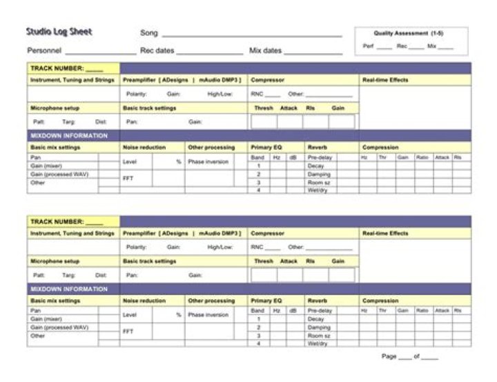 Free Recording Track Sheet PDF for Music Producers