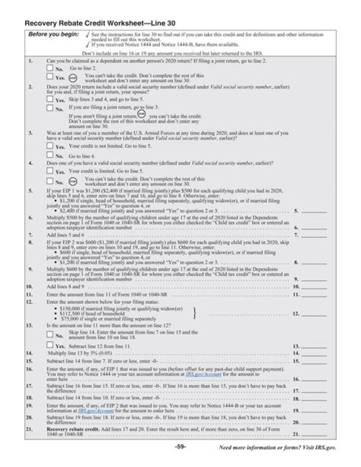 2020 Recovery Rebate Credit Worksheet PDF for Tax Recovery