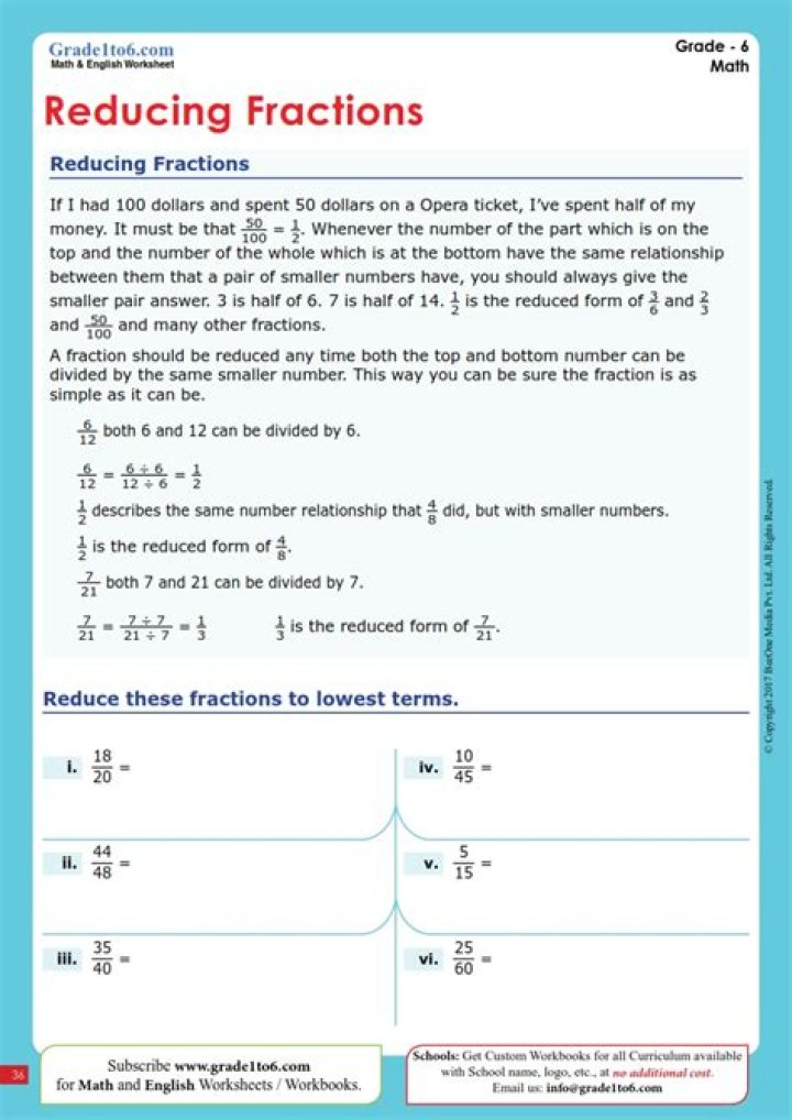 Free PDF Worksheets: Reducing Fractions to Lowest Terms