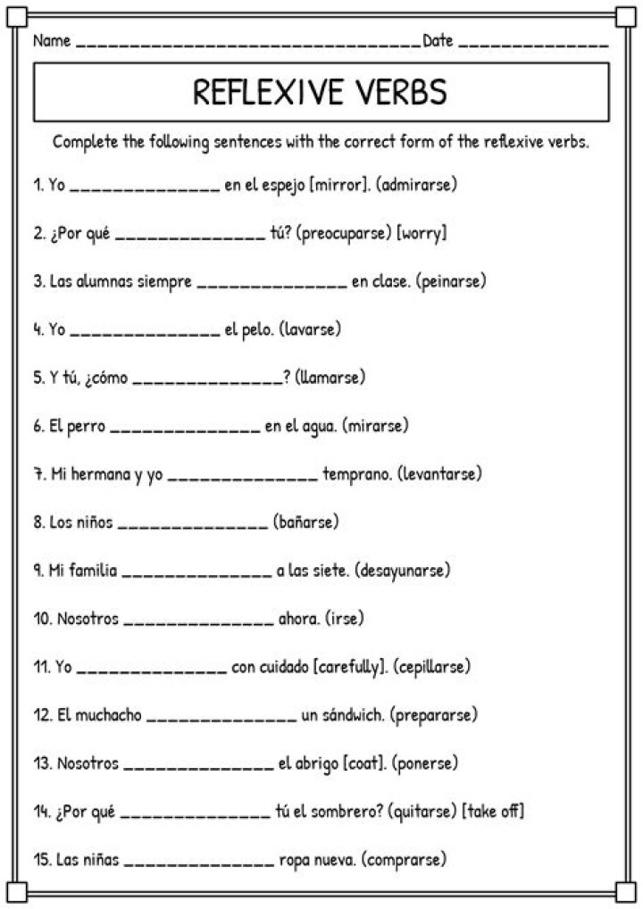 Reflexive Verbs Spanish Worksheet PDF – Practice Exercises for Beginners