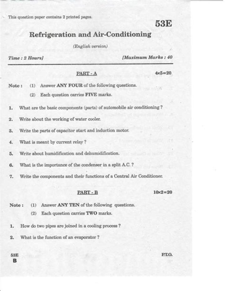Refrigeration and Air Conditioning Question Paper PDF Download