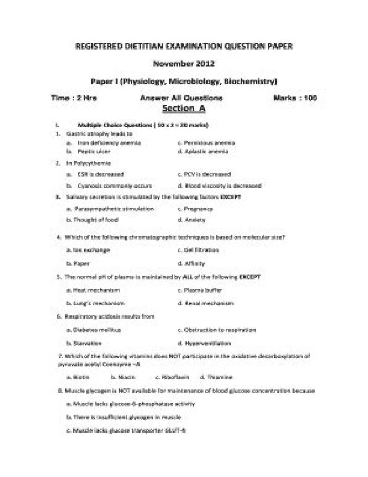 Registered Dietitian Exam Question Papers with Answers PDF – Free Study Resource