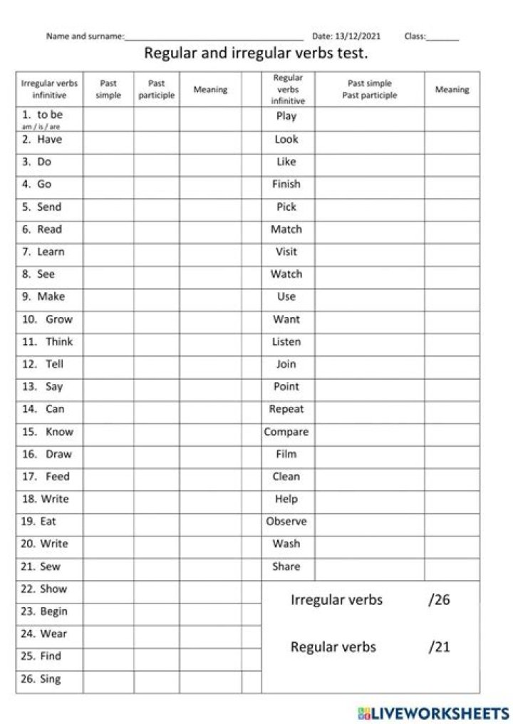Regular and Irregular Verbs Worksheets PDF for Instant Download