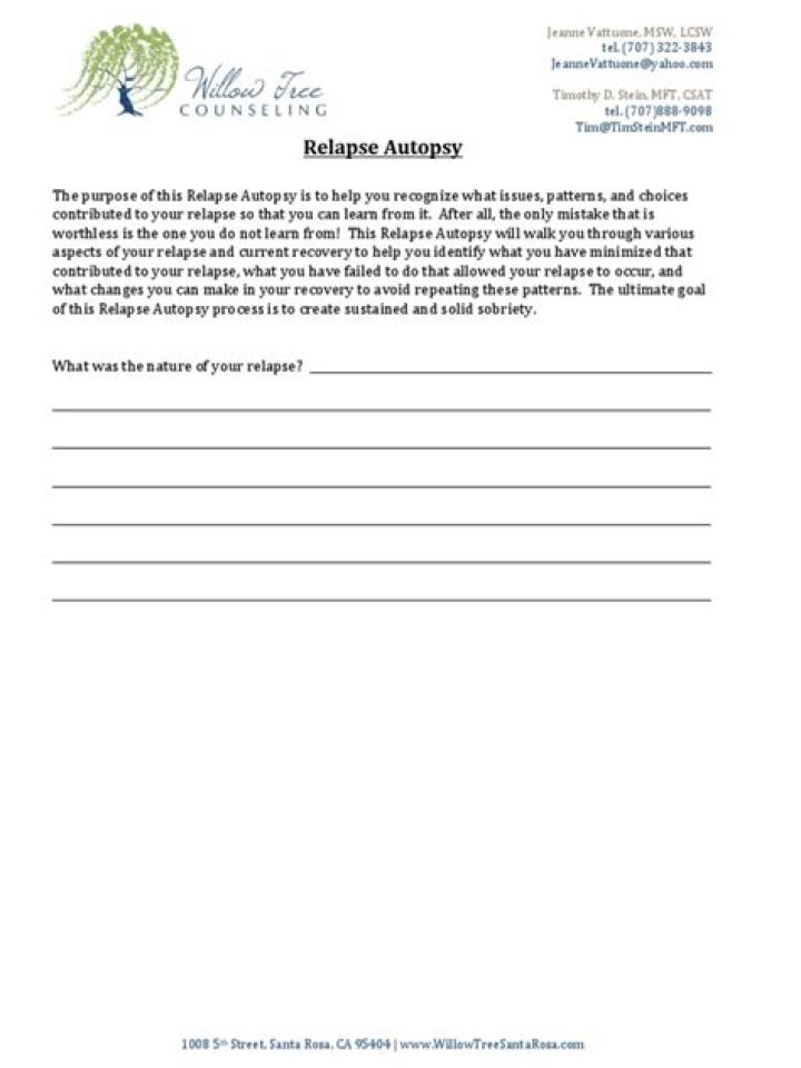 Relapse Autopsy Worksheet PDF for Medical Professionals