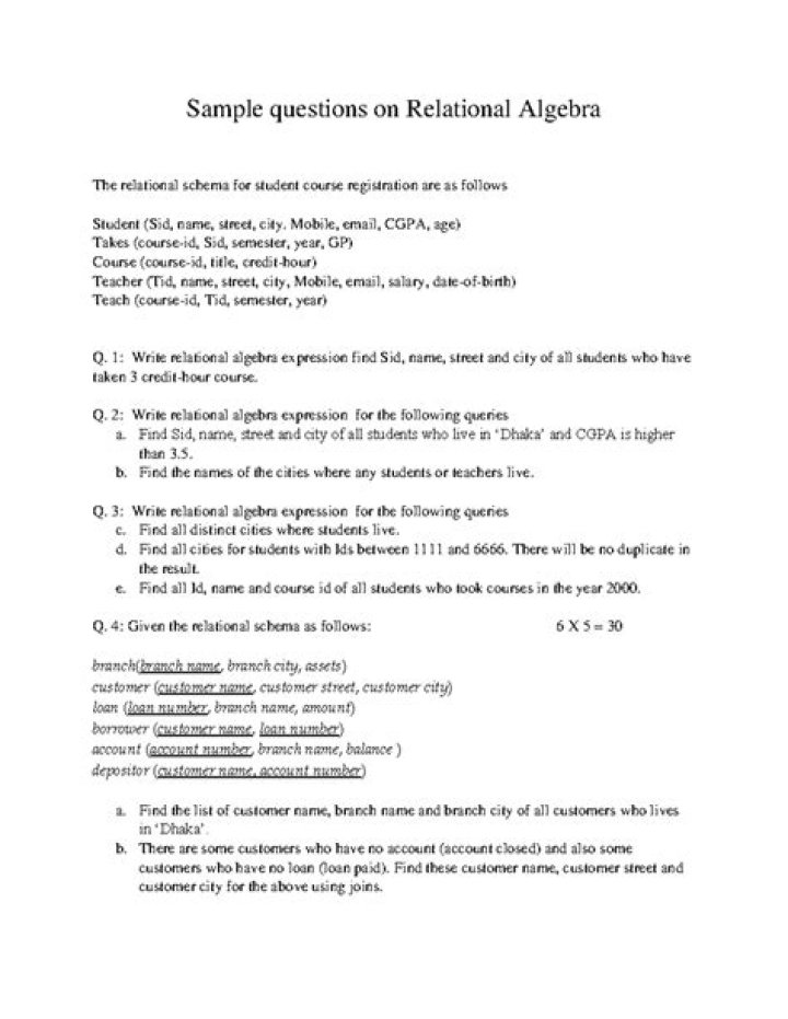 Relational Algebra Practice Questions with Solutions PDF for Students