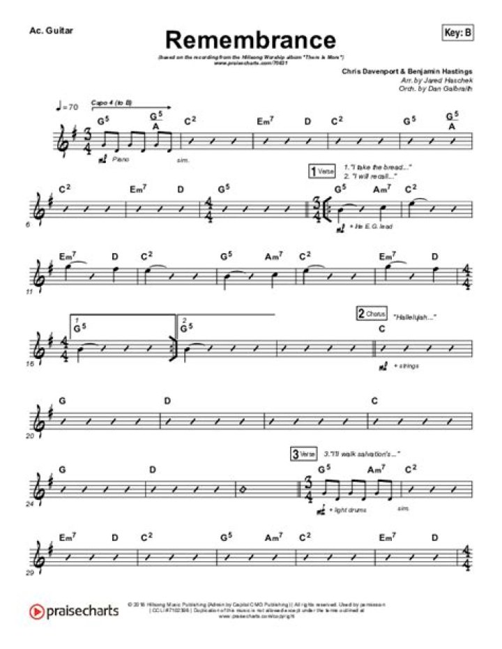 Remembrance Hillsong Sheet Music PDF for Worship & Singing