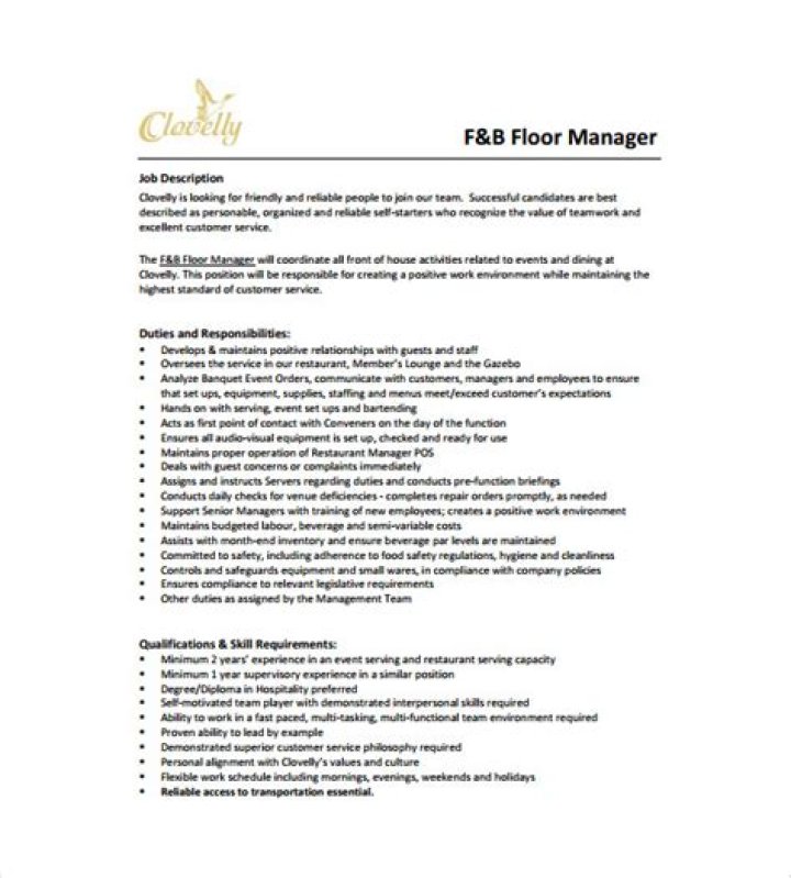 Restaurant Floor Manager Job Description PDF – Apply Now