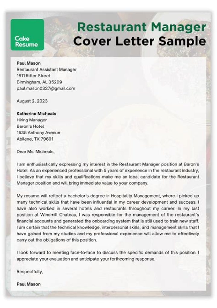 Professional Restaurant Manager Cover Letter PDF for Job Success