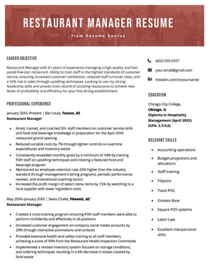 Download Restaurant Manager CV PDF Template