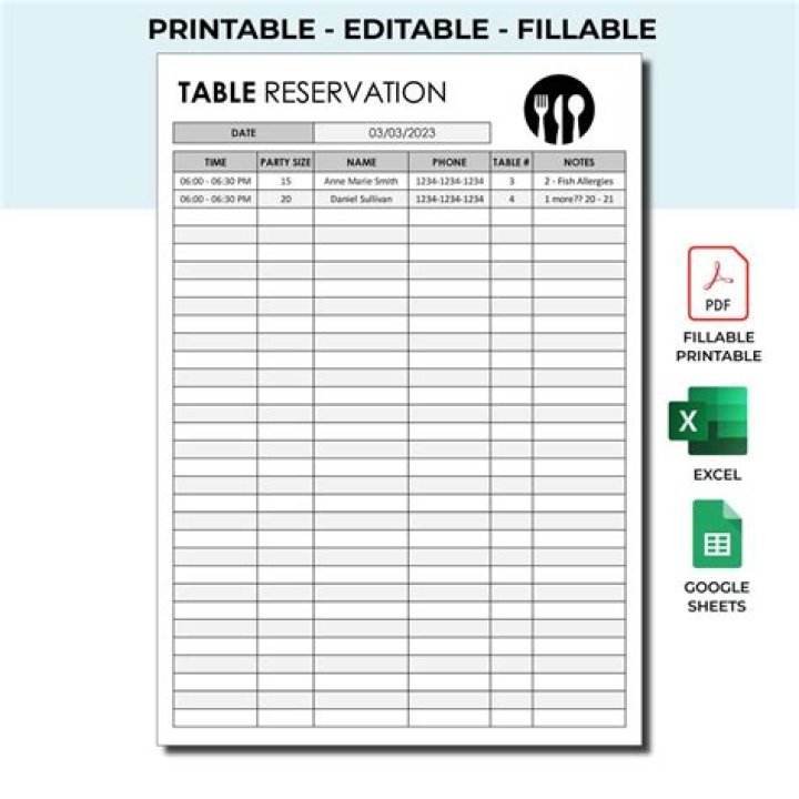Download Free Restaurant Reservation Sheets PDF