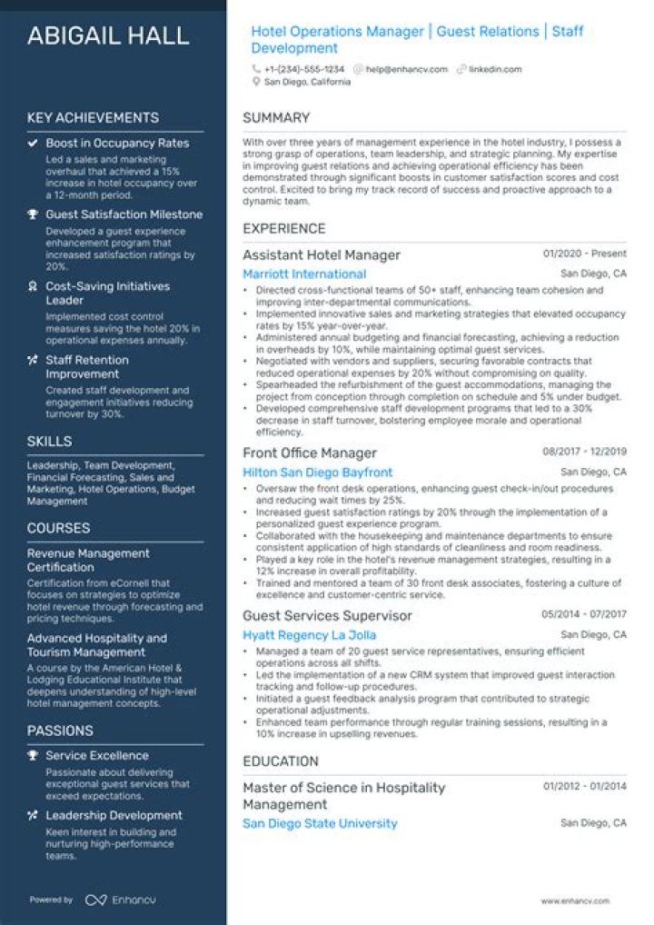 Resume for Hotel Management Internship PDF Template