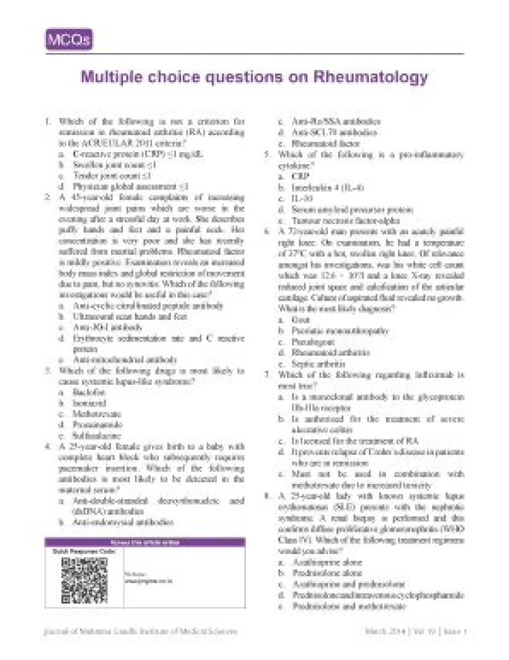 Rheumatology MCQs with Answers PDF – Study Guide & Practice Questions