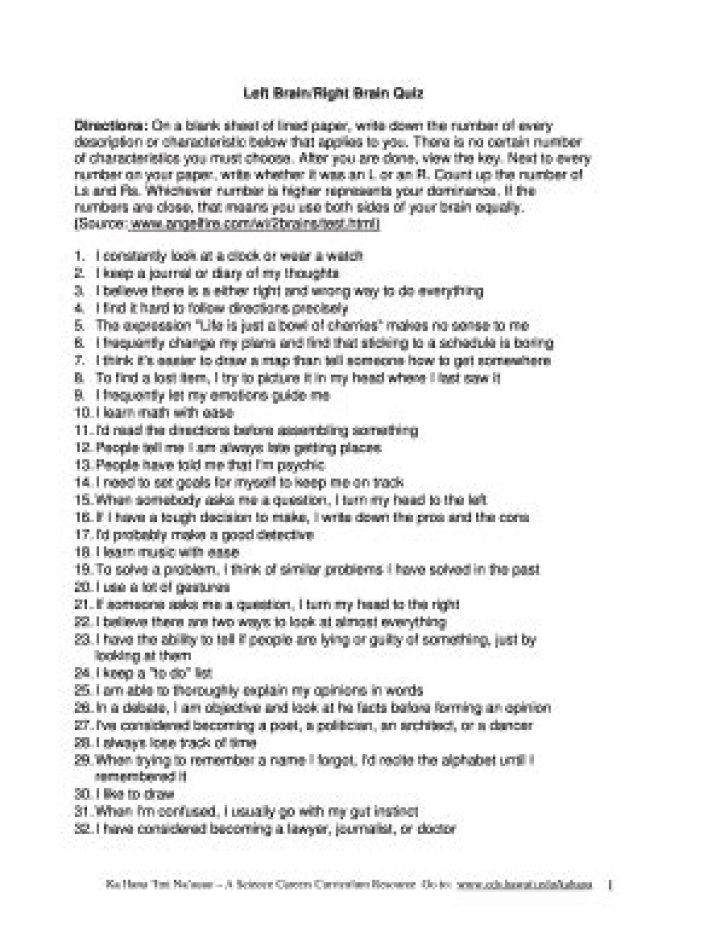 Right Brain Left Brain Test for Students PDF: Quick Assessment