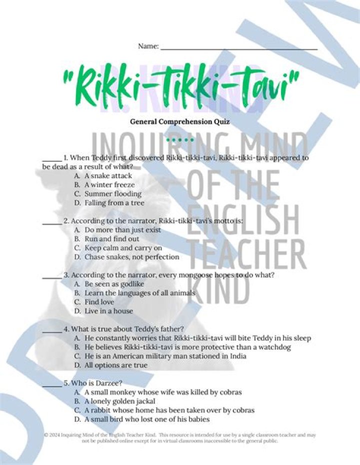 Rikki-Tikki-Tavi Comprehension Questions PDF – Instant Download