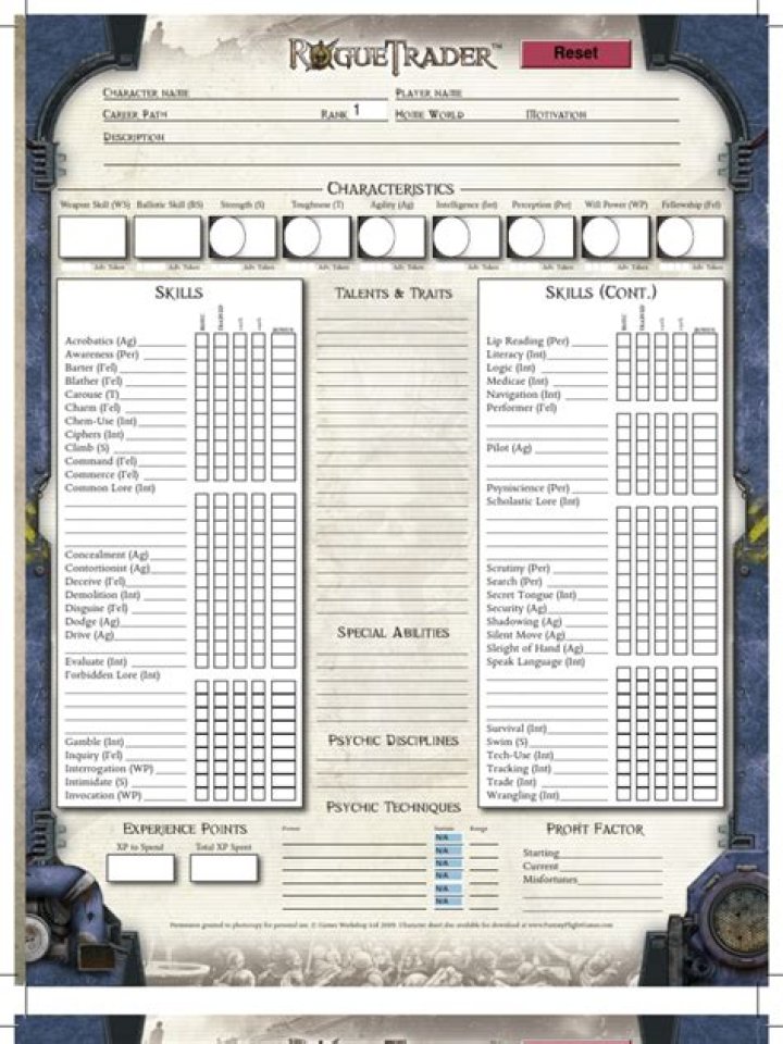 Rogue Trader Character Sheet Fillable PDF – Editable Game Ready Template