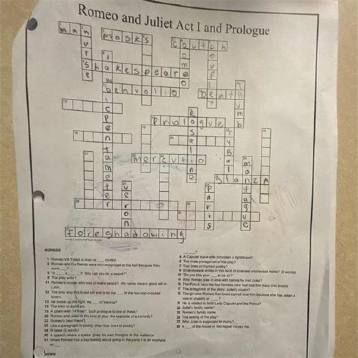 Romeo and Juliet Crossword Puzzle Answer Key PDF