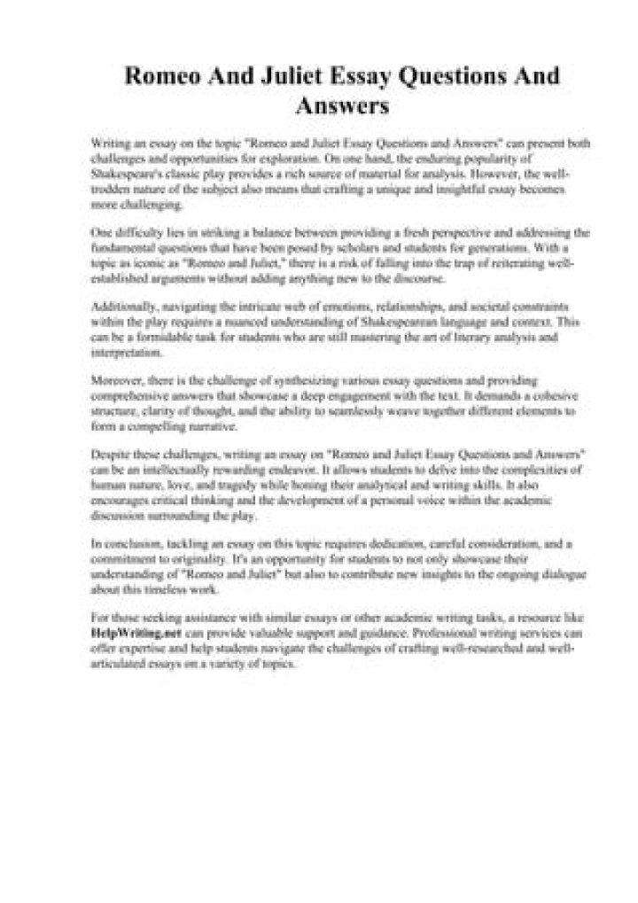 Romeo and Juliet Essay Questions and Answers PDF: Perfect Study Resource