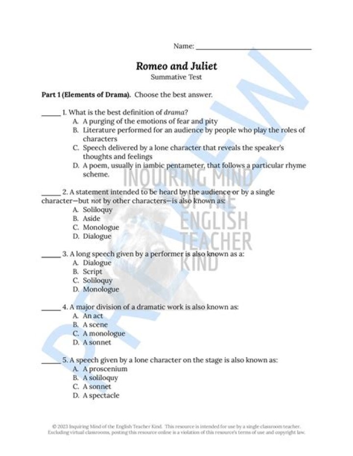 Romeo and Juliet Test with Answer Key PDF Free – Catch the Full Quiz