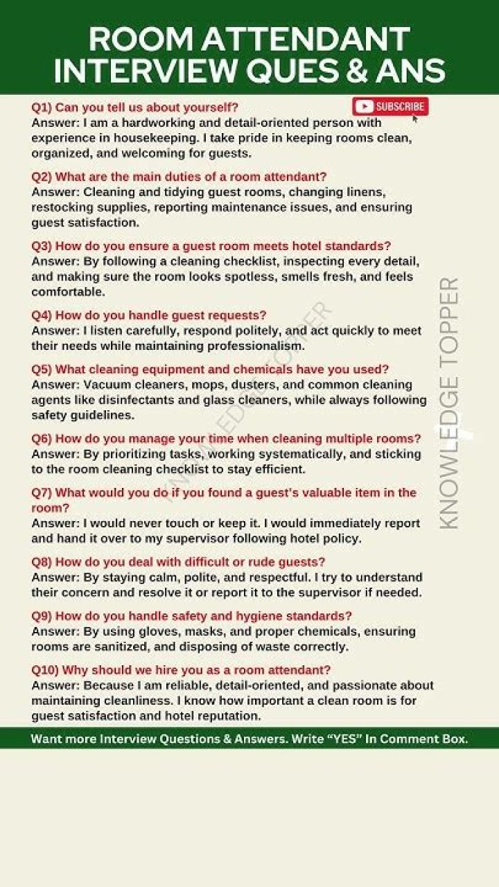 Room Attendant Job Interview Questions & Answers PDF – Perfect Prep Guide