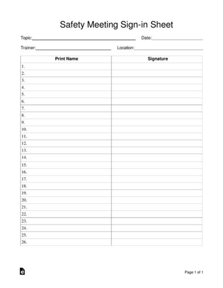 Safety Meeting Sign-In Sheet PDF for Workplace Compliance