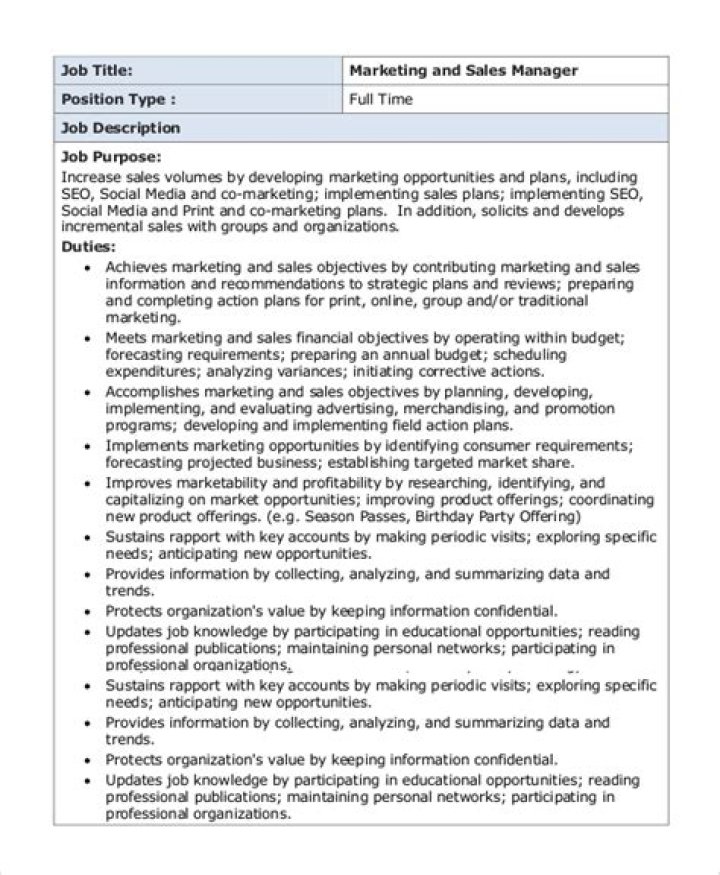 Sales and Marketing Manager Job Description PDF for Hiring