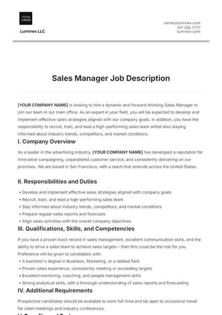 Sales Manager Job Description PDF – Get the Full Template