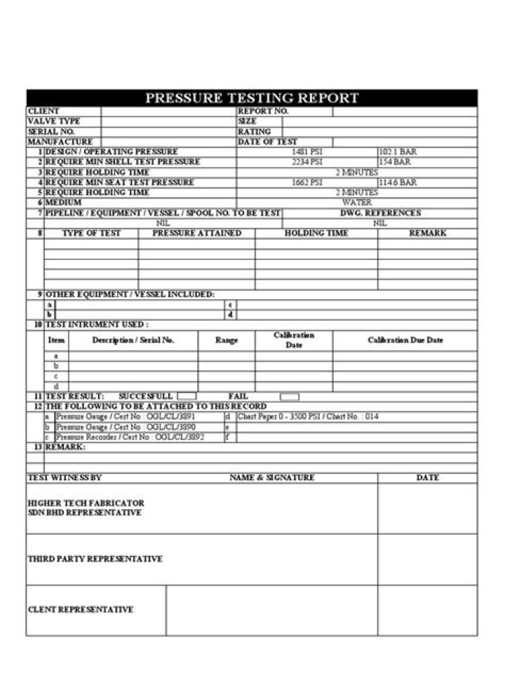 Sample Hydrostatic Test Pressure Test Report Format PDF Template