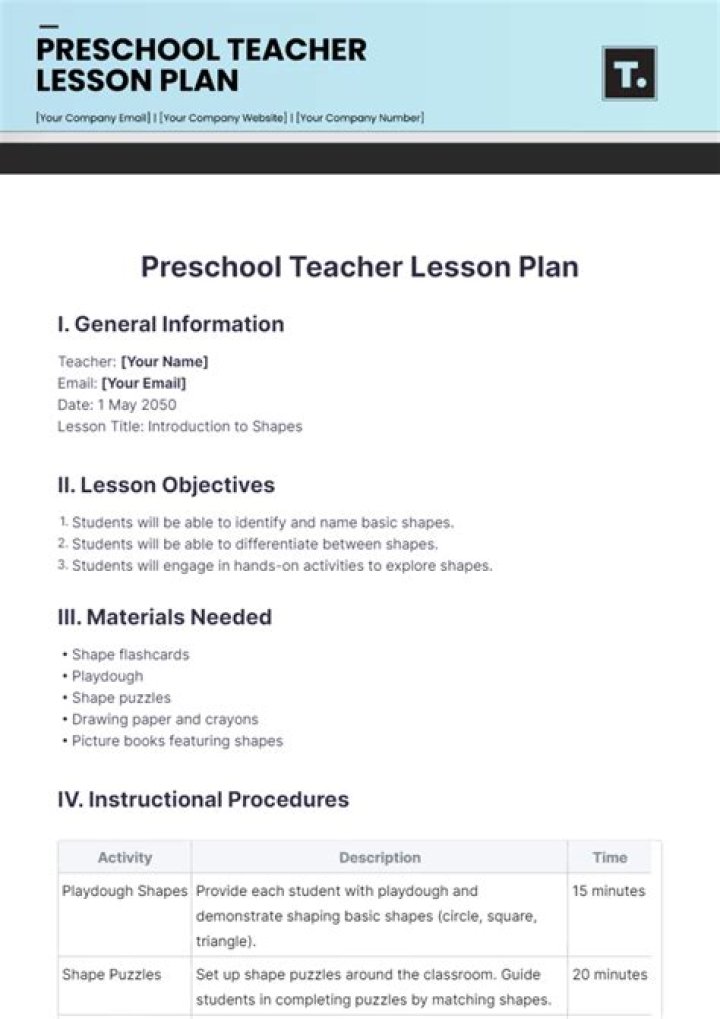 Free Sample Lesson Plan for Preschool Teachers PDF Download