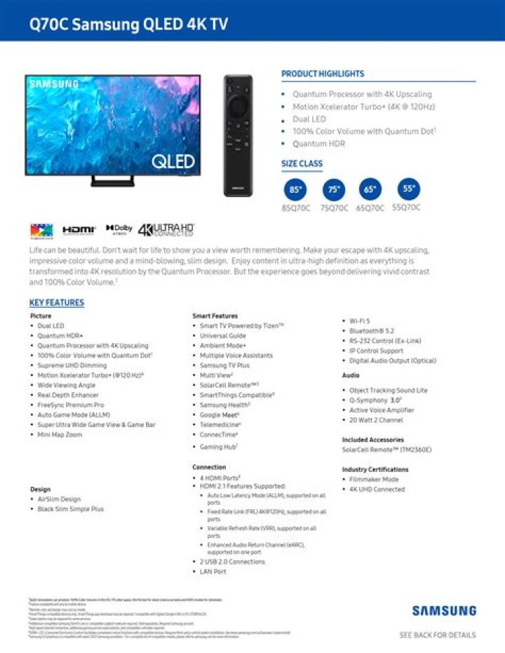 Samsung QM75R Spec Sheet PDF: Full Technical Details & Performance Info