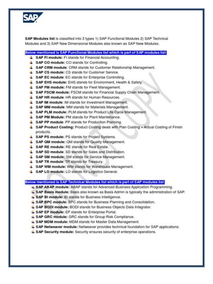 Download Complete SAP Modules List in PDF Format