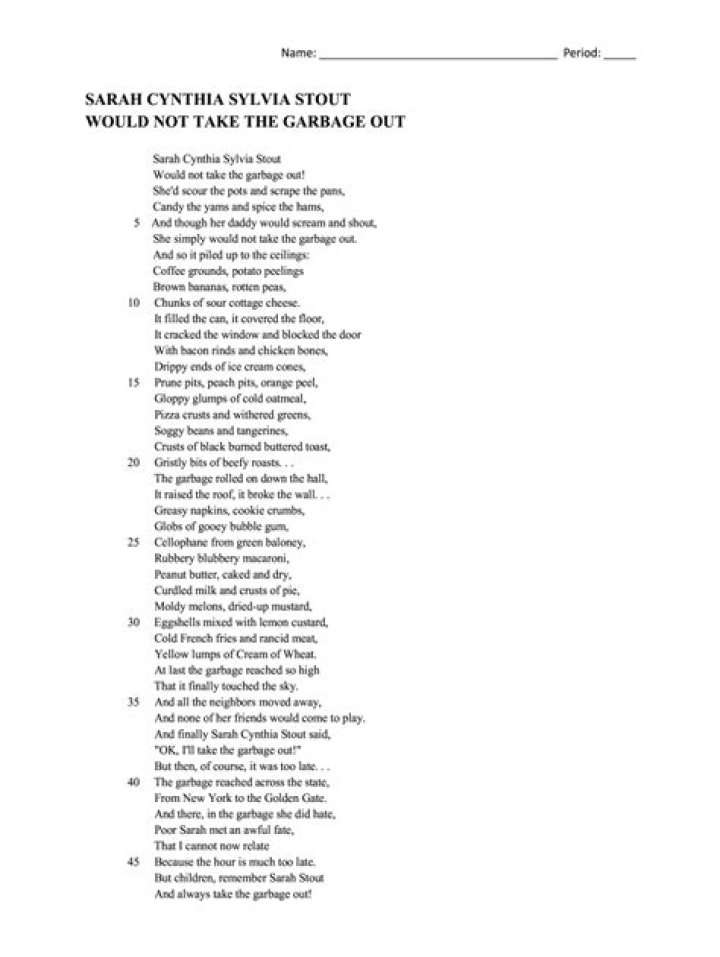Sarah Cyntia Sylvia Stout Poem Questions and Answers PDF