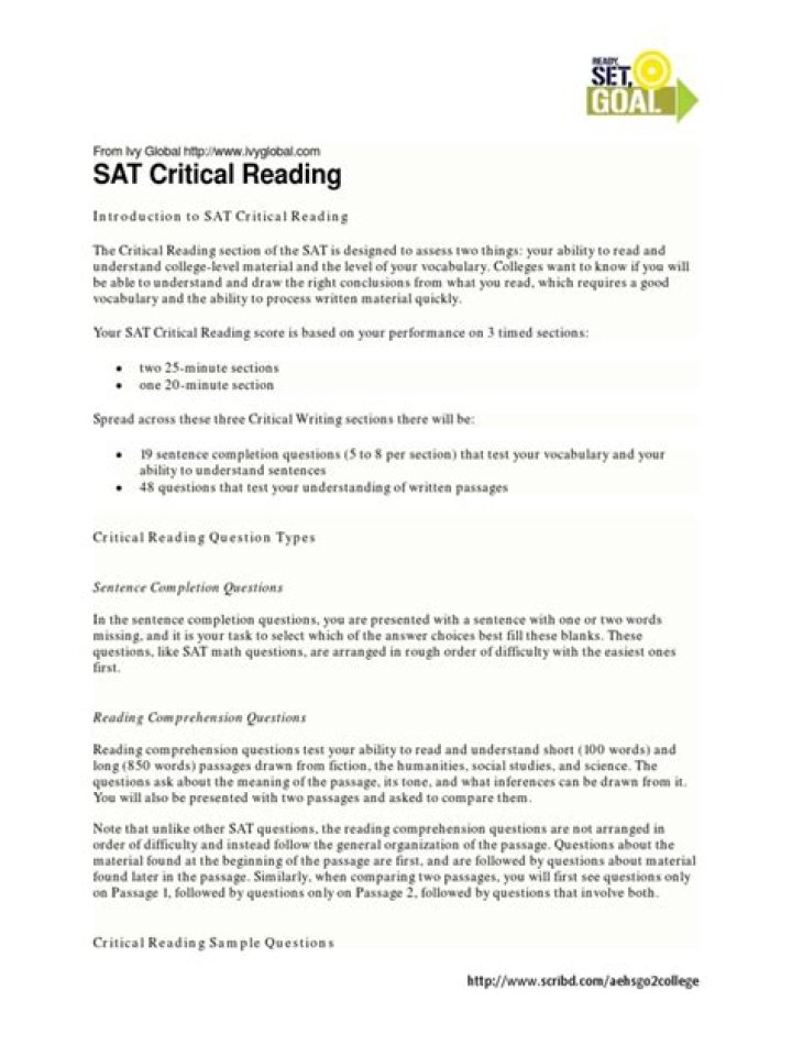 Free SAT Critical Reading Practice Test PDF with Answers