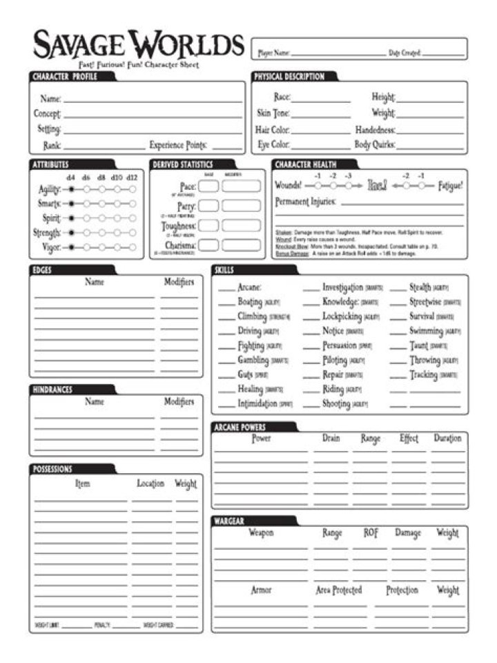 Savage Worlds Character Sheet Fillable PDF – Print & Play