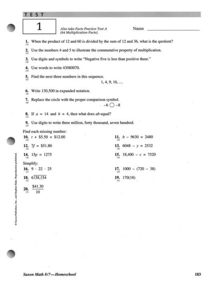 Saxon Math 8/7 Tests and Worksheets PDF for Practice & Review