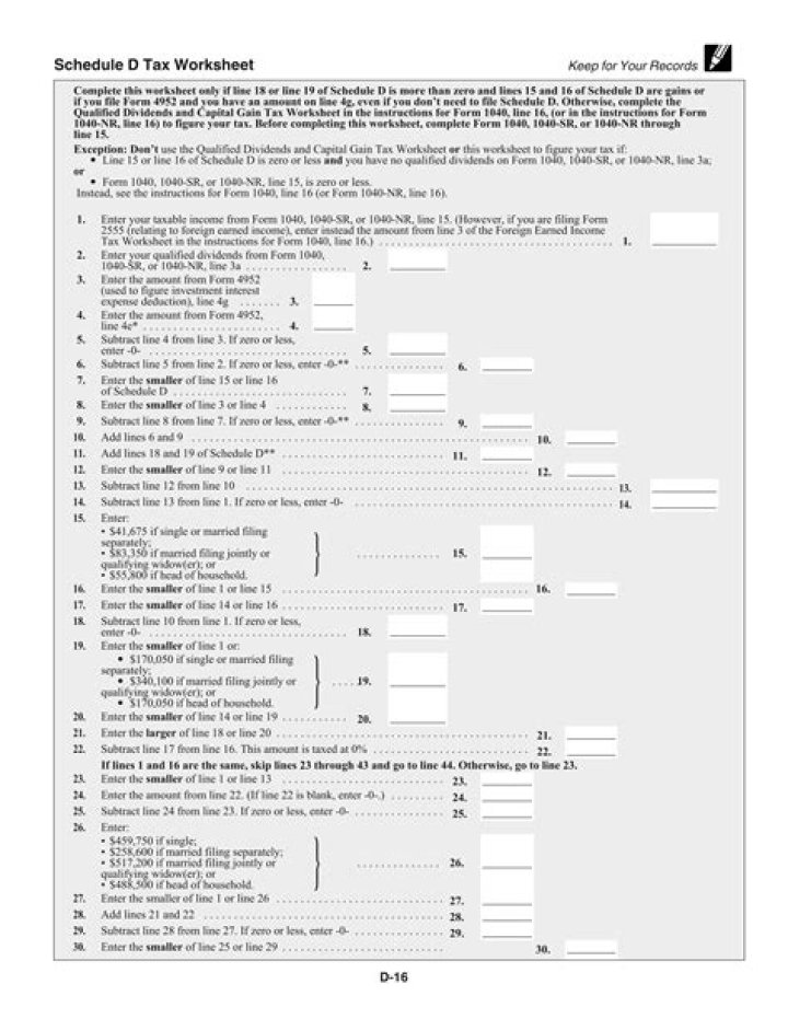 Download Schedule D Tax Worksheet PDF – Free Download