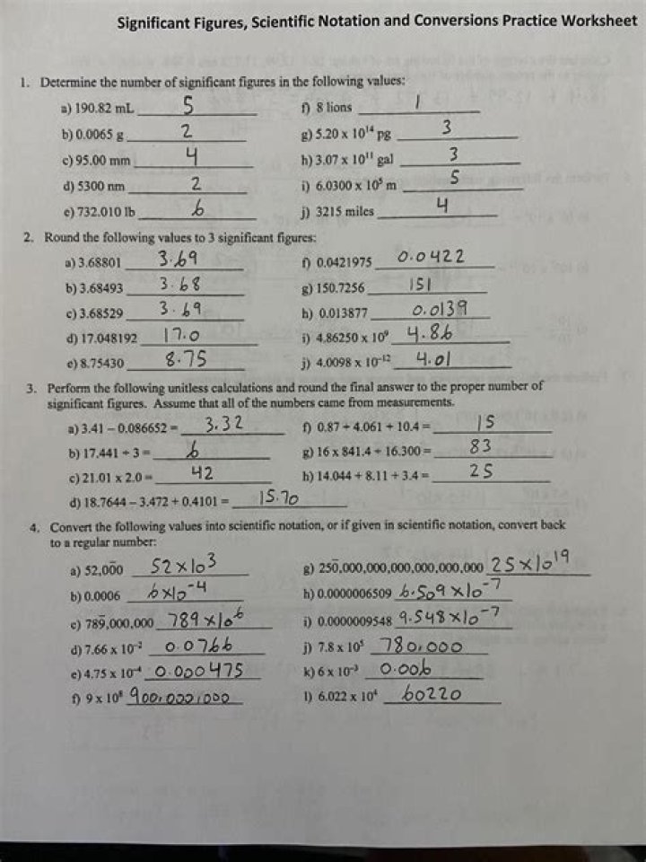 Scientific Notation and Significant Figures Worksheet with Answers PDF