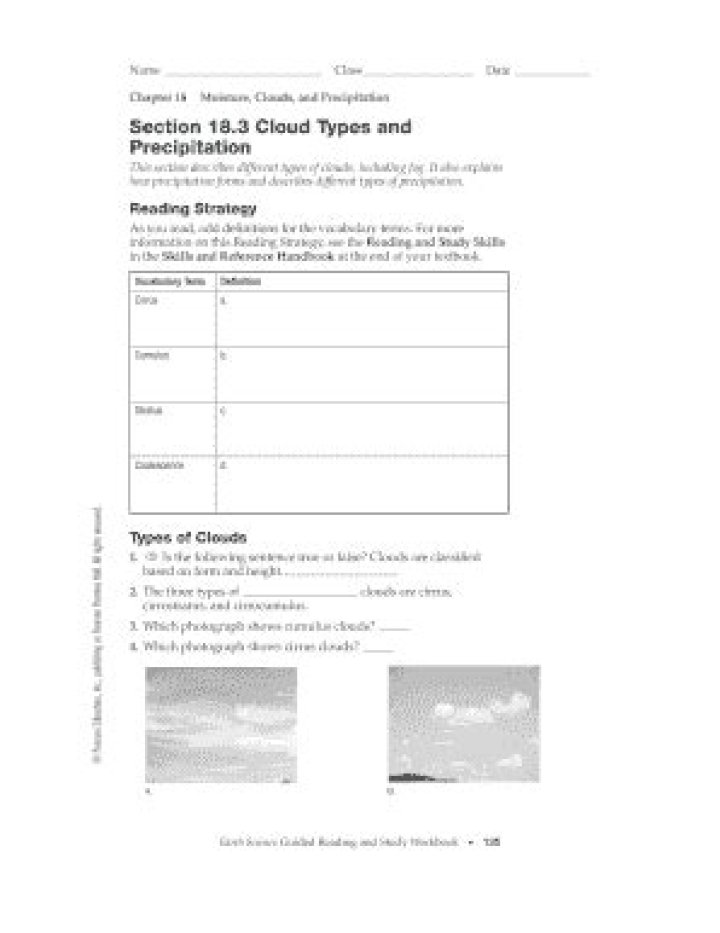 Section 18.3 Cloud Types & Precipitation Worksheet Answer Key PDF