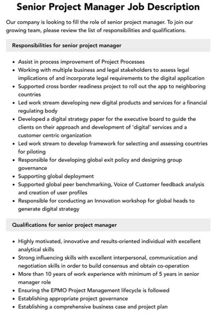 Senior Project Manager Job Description PDF for Hiring Success