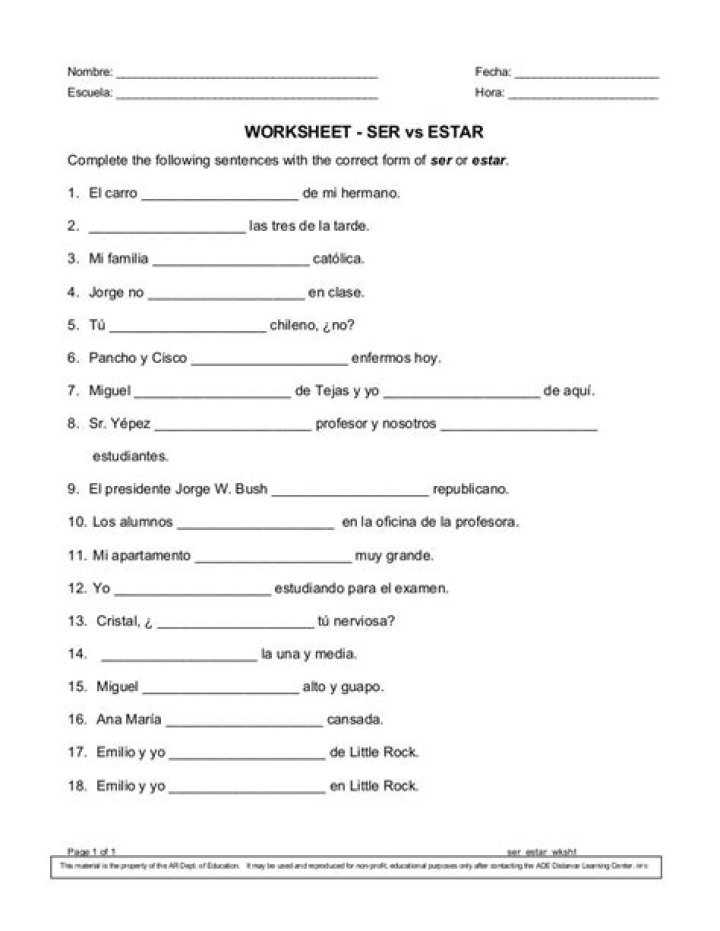 Ser vs. Estar Worksheet & Answer Key PDF for Spanish Learners
