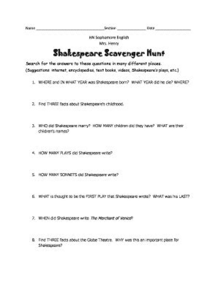 Shakespeare Scavenger Hunt PDF Answers – Free Download