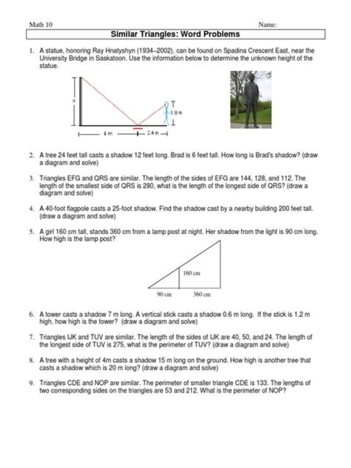Similar Triangles Word Problems Worksheet PDF