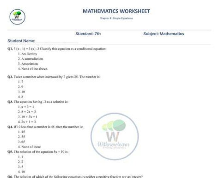 Simple Equations Class 7 Worksheet with Answers PDF