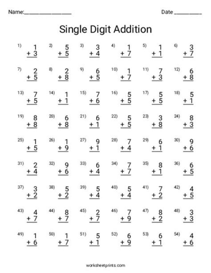 Free Single Digit Addition Worksheets PDF for Kids