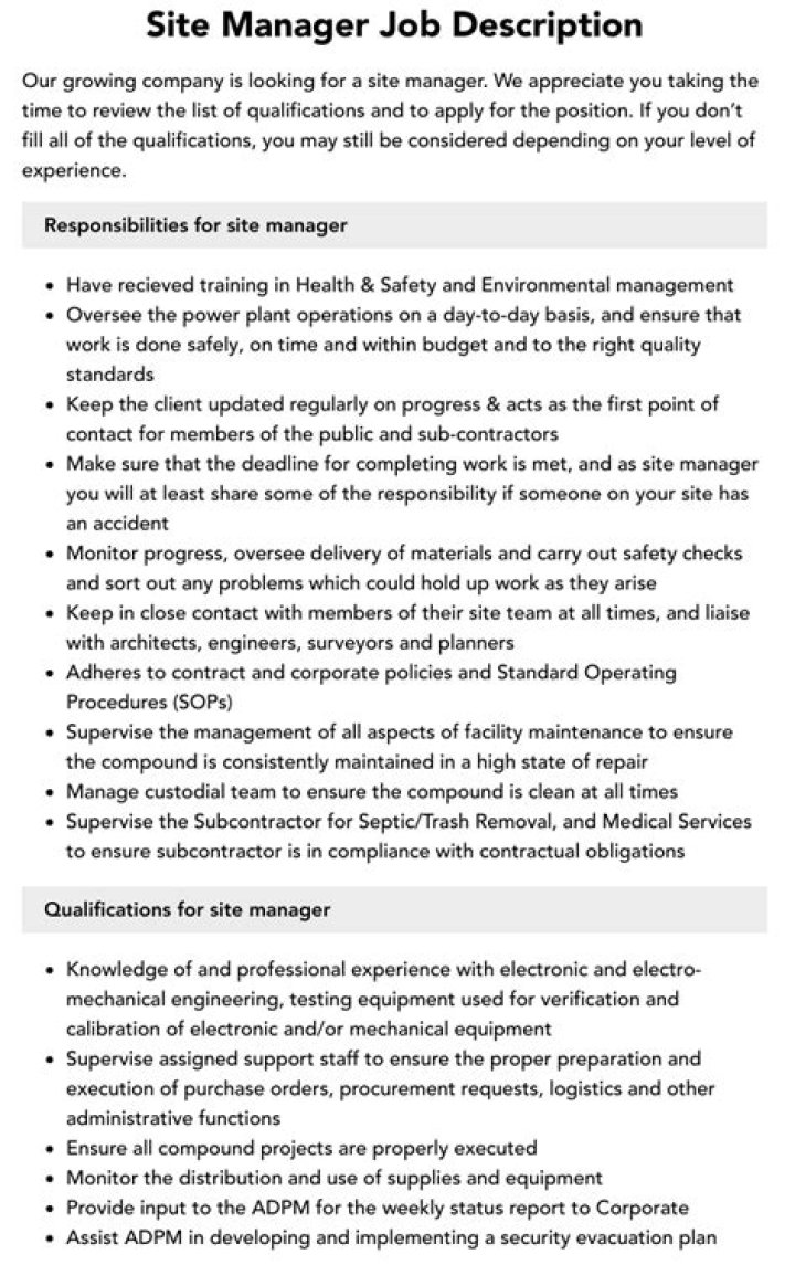 Site Manager Job Description PDF – Full Template & Guide