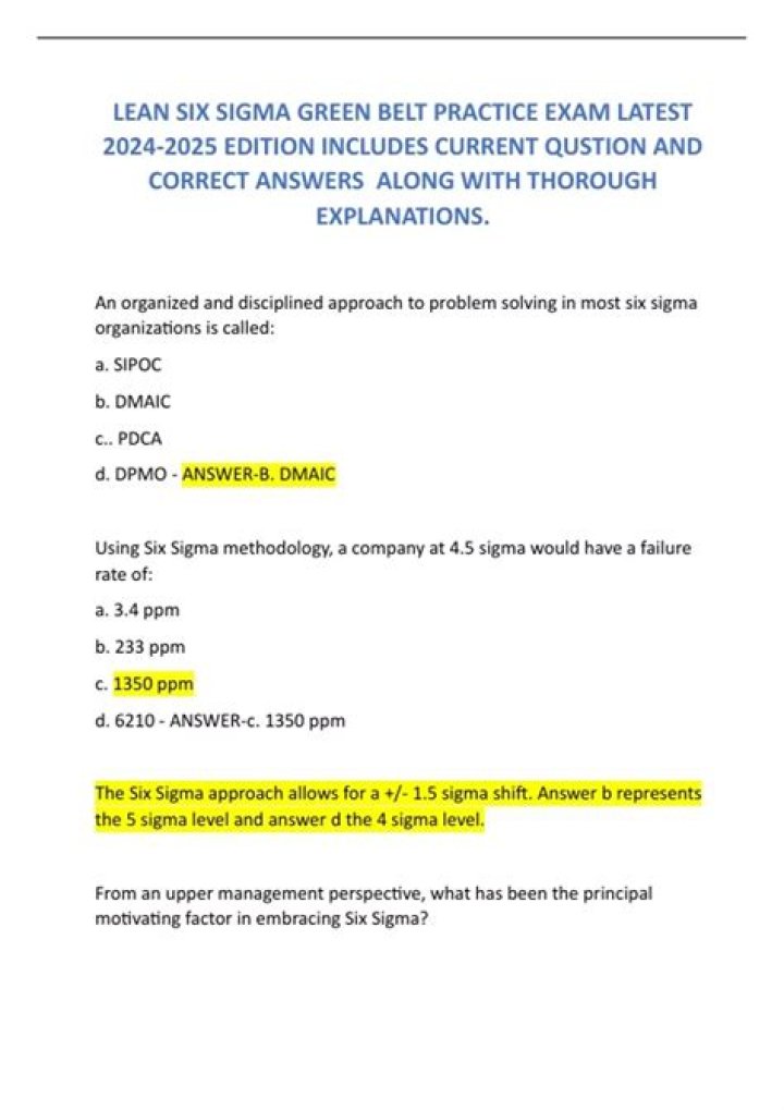 Six Sigma Green Belt Exam Questions and Answers PDF with Answers