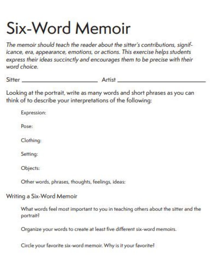 Six-Word Memoir Worksheet PDF for Inspiration