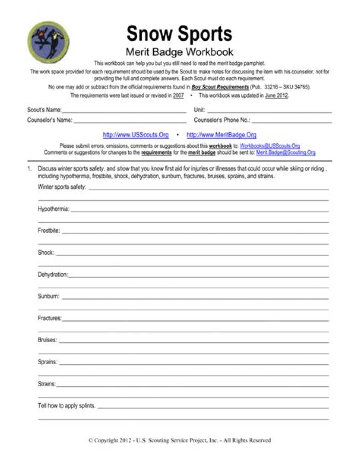Snow Sports Merit Badge Worksheet PDF – Download Free Printable
