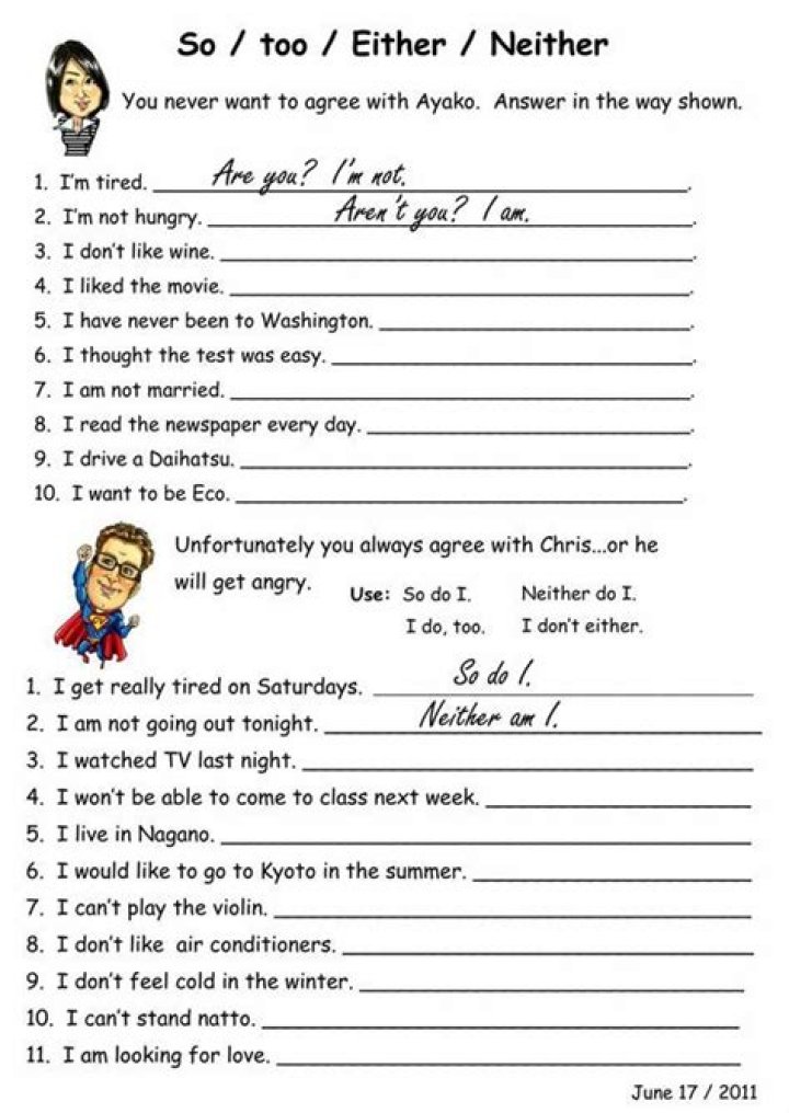 So, Too, Either & Neither Exercises PDF with Answers