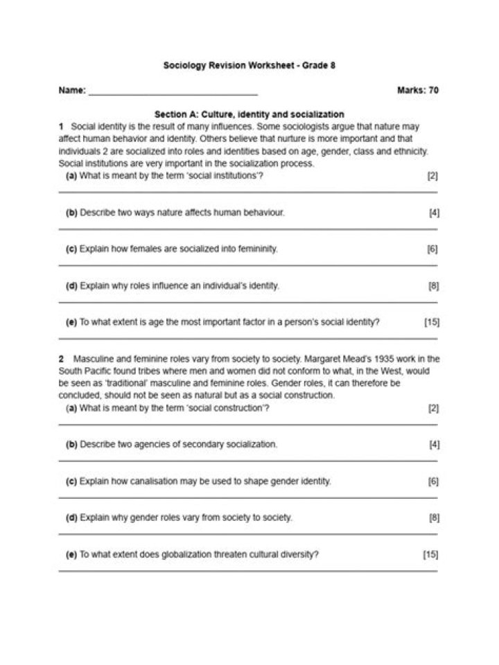 Free High School Sociology Worksheets in PDF Format