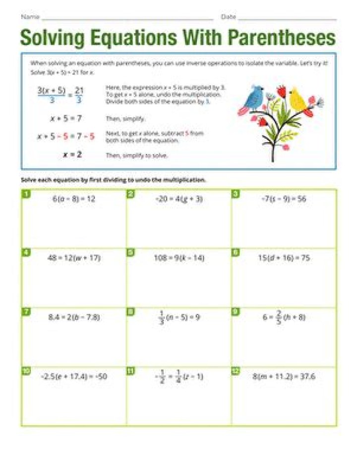 Free Solving Equations with Parentheses Worksheet PDF – Instant Download